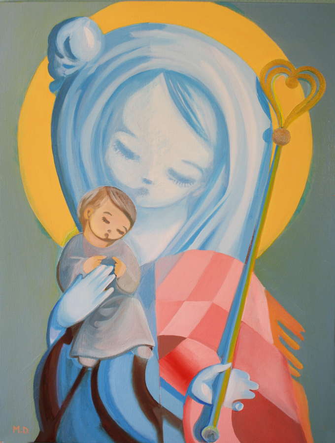 vierge à l'enfant bleue et rouge au sceptre peinture