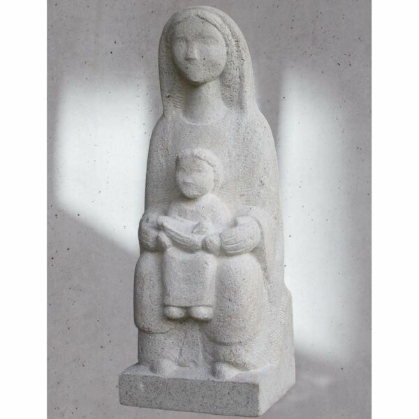 statue de vierge en pierre assise romane avec l'enfant