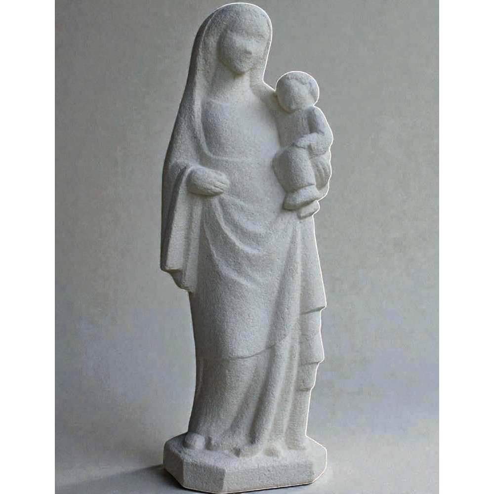 statue de vierge à l'enfant en pierre blanche hanchee et drapee