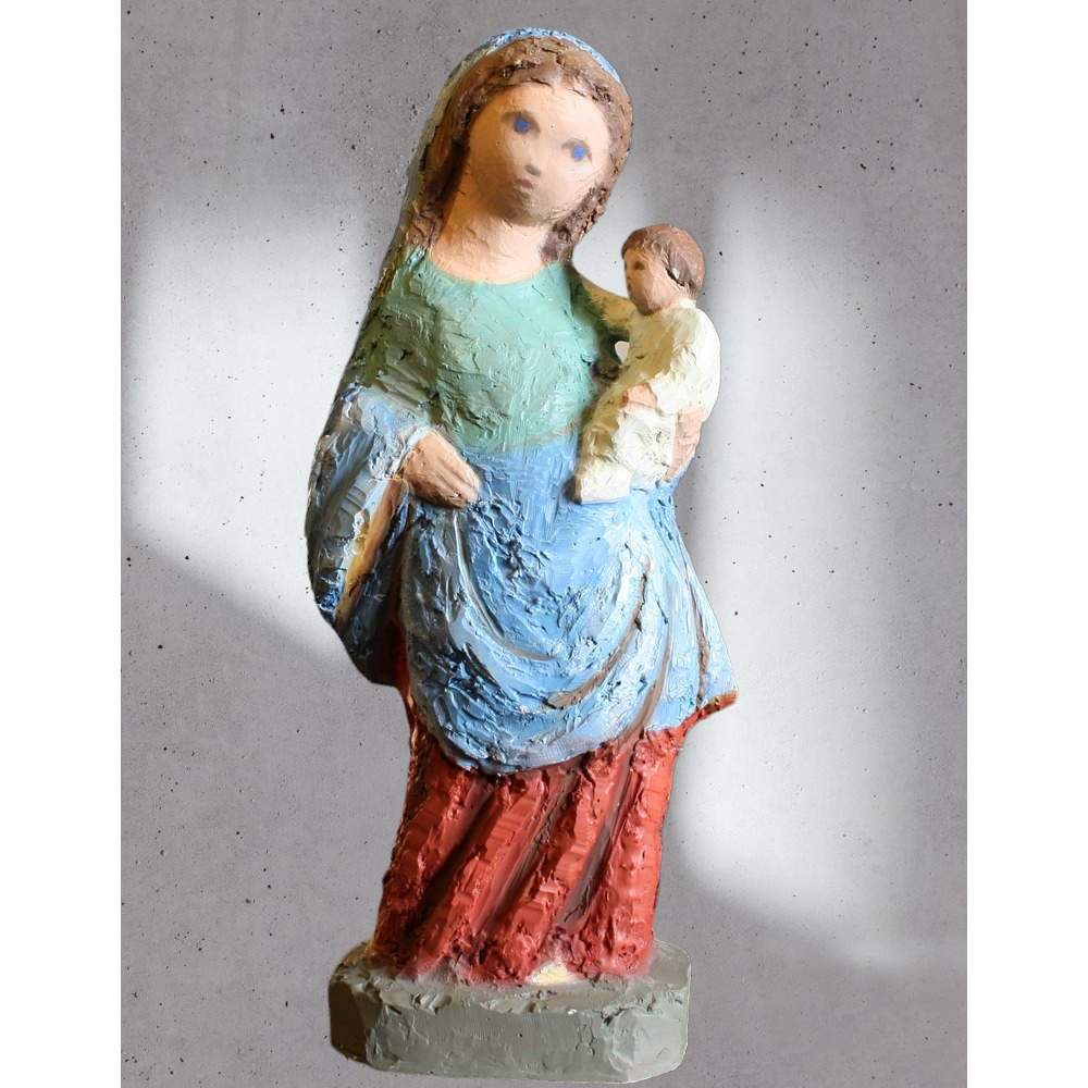 statue vierge marie avec enfant sculpture gothique medieval hanchee