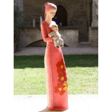 Statue de la Vierge robe rouge et motifs avec l’enfant