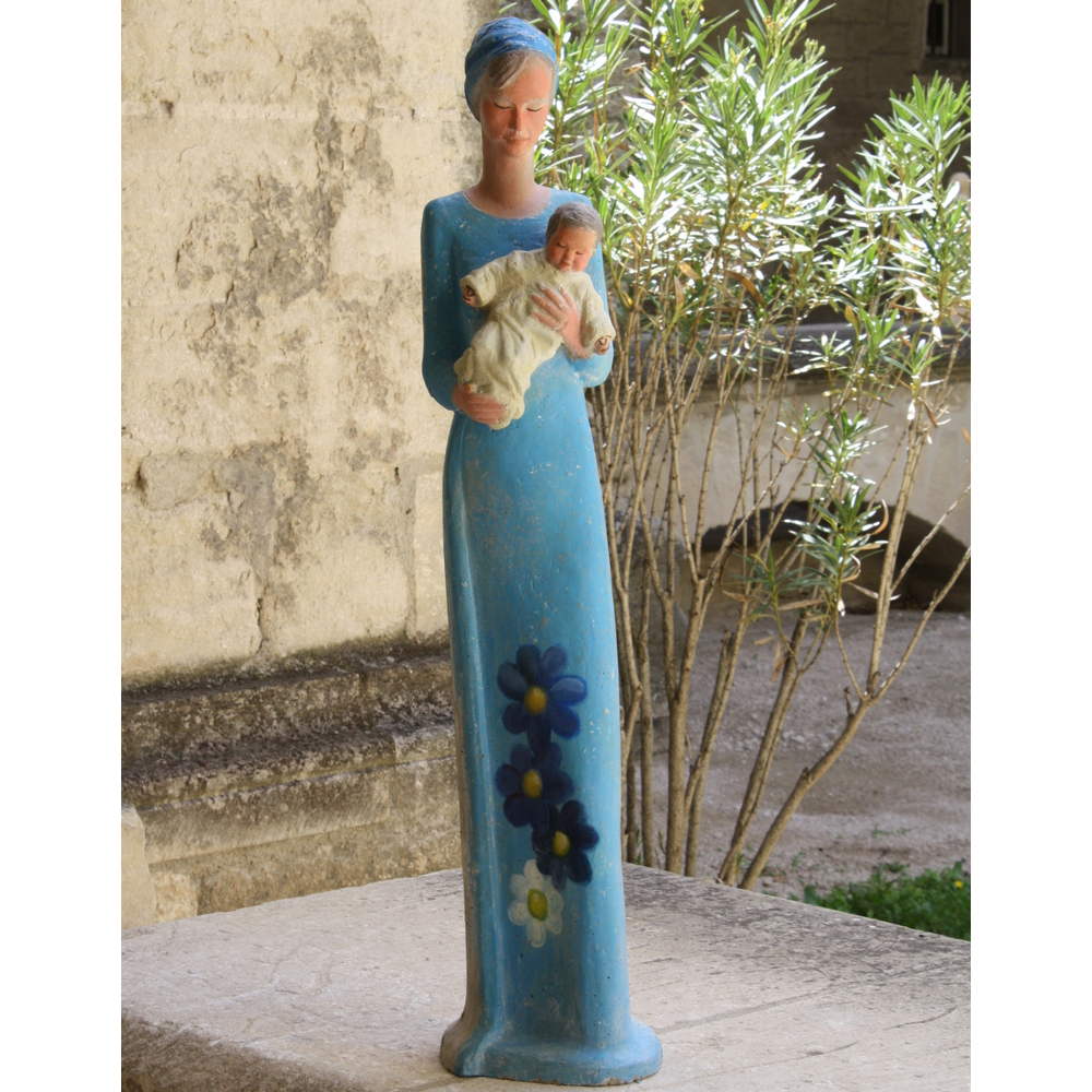 statue de vierge à l'enfant bleue motifs portant l'enfant jésus style yves le pape