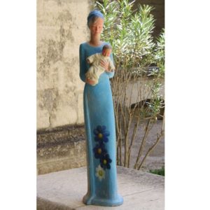 Statue de la Vierge avec l’enfant robe bleue et motifs