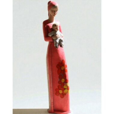Statue de la Vierge robe rouge et motifs avec l&rsquo;enfant