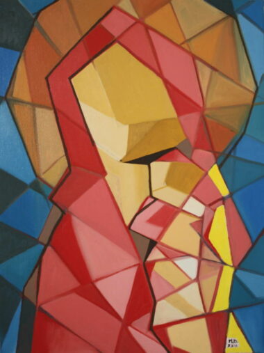 Peinture de la Vierge à l&rsquo;enfant Tons rouges fond bleu