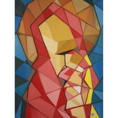 Peinture de la Vierge à l&rsquo;enfant Tons rouges fond bleu