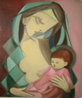 Peinture de la Vierge Marie tons verts sur fond rouge