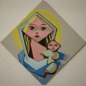 Peinture de la Vierge Marie tons turquoises et nimbée