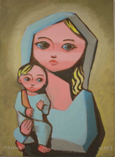 Peinture de la Vierge Marie de tons turquoises sur fond ocre jaune