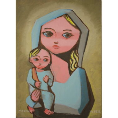 Peinture de la Vierge Marie de tons turquoises sur fond ocre jaune