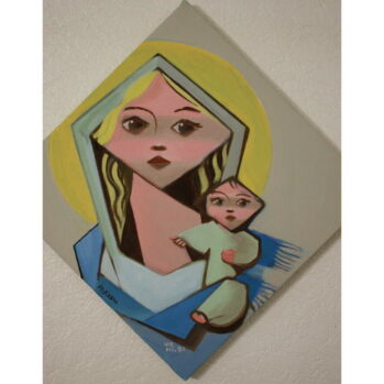 Peinture de la Vierge Marie tons turquoises et nimbée