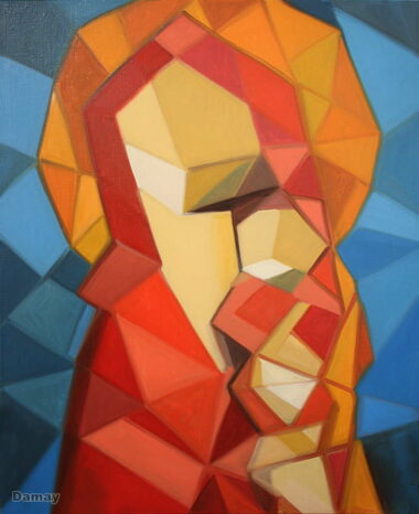 Peinture de la Vierge à l’enfant Tons rouges fond bleu-2