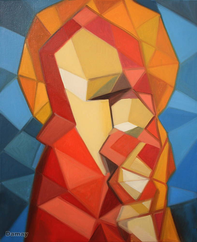 peinture contemporaine à l'huile de la vierge avec tons rouges et bleus
