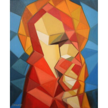 Peinture de la Vierge à l’enfant Tons rouges fond bleu-2