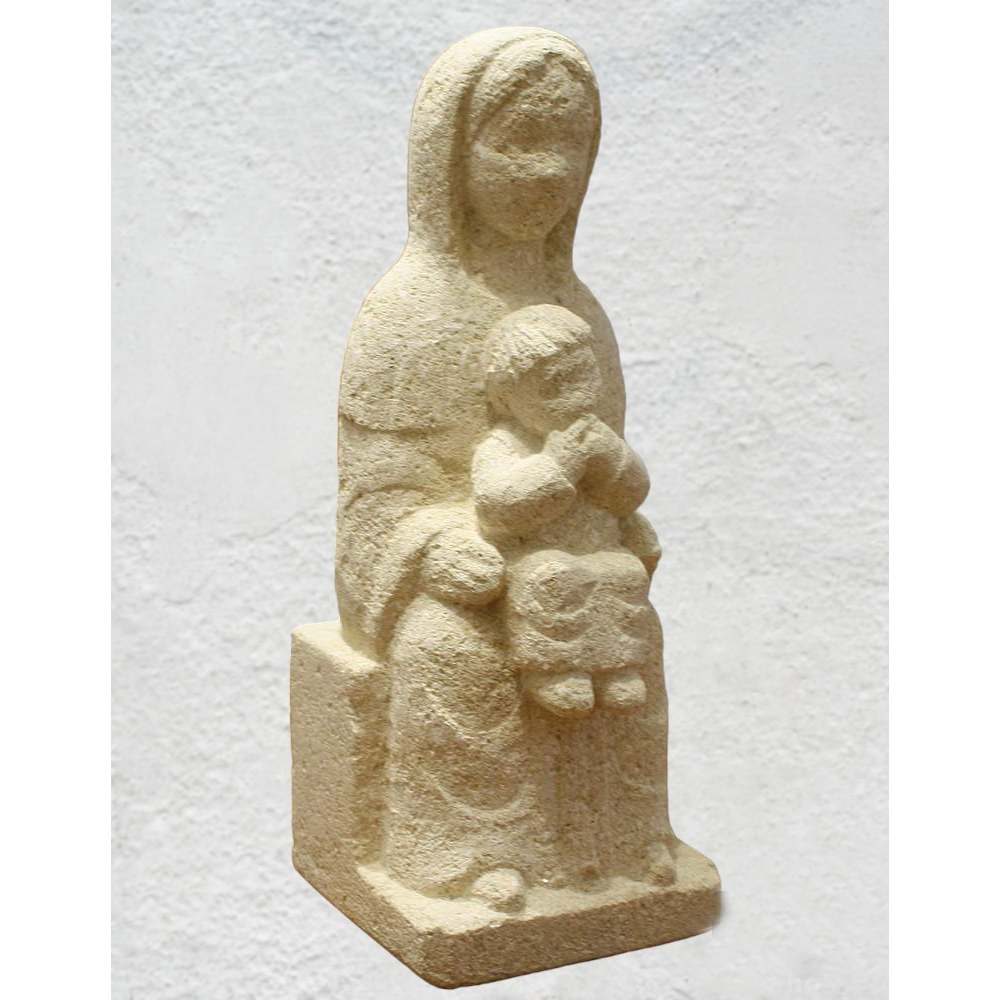 statue de vierge romane assise en pierre naturelle sculptee