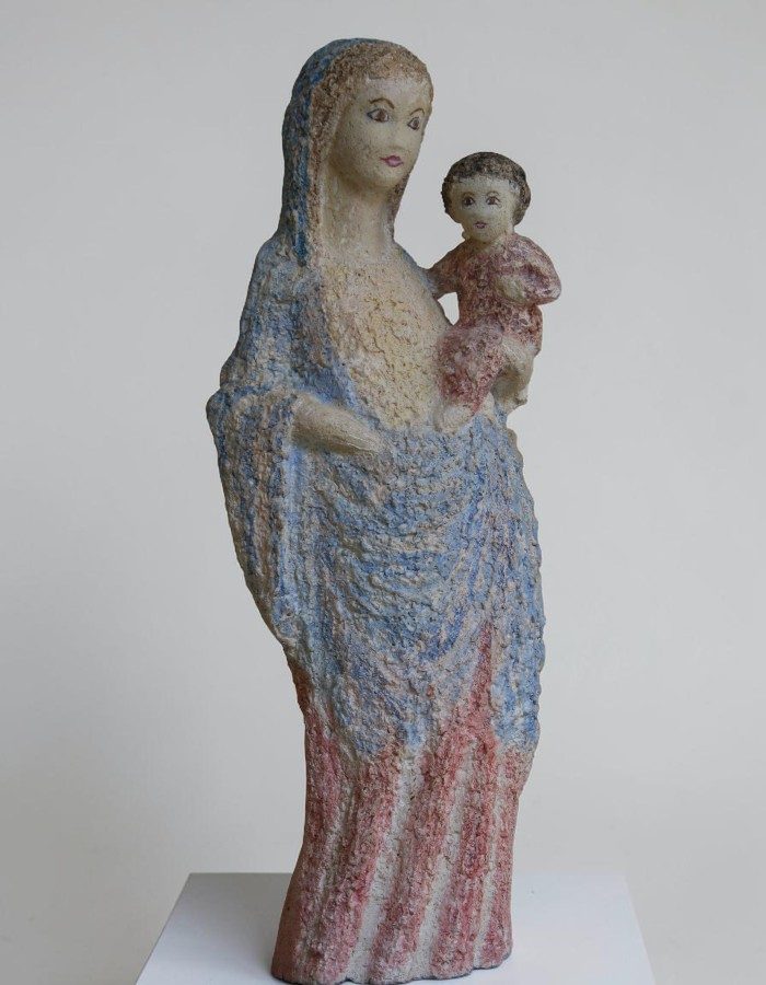 vierge à l'enfant style medieval contemporaine peinte, par martin damay