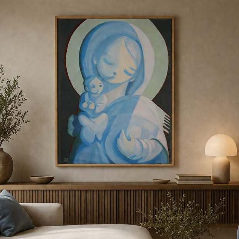 peinture à l'huile d'une vierge à l'enfant en situation