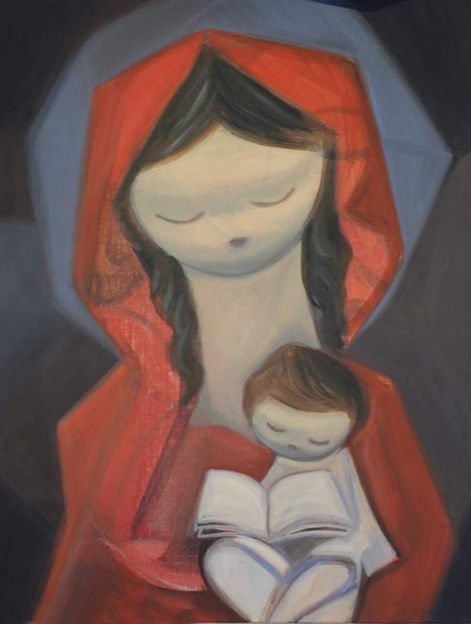 peinture-vierge-rouge-fond-bleu-martin-damay