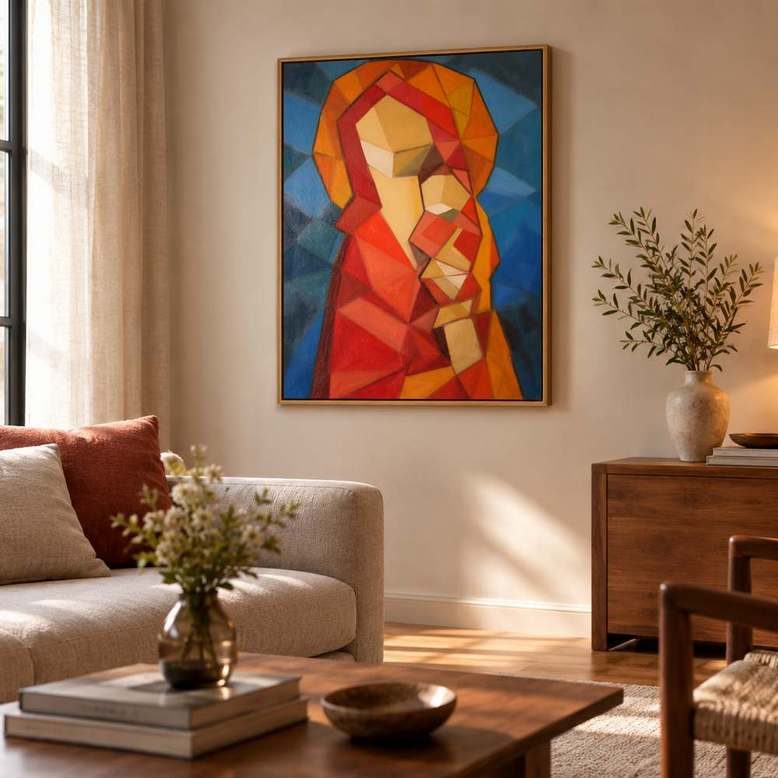 salon interieur avec tableau de vierge à l'enfant contemporaine de tons rouges
