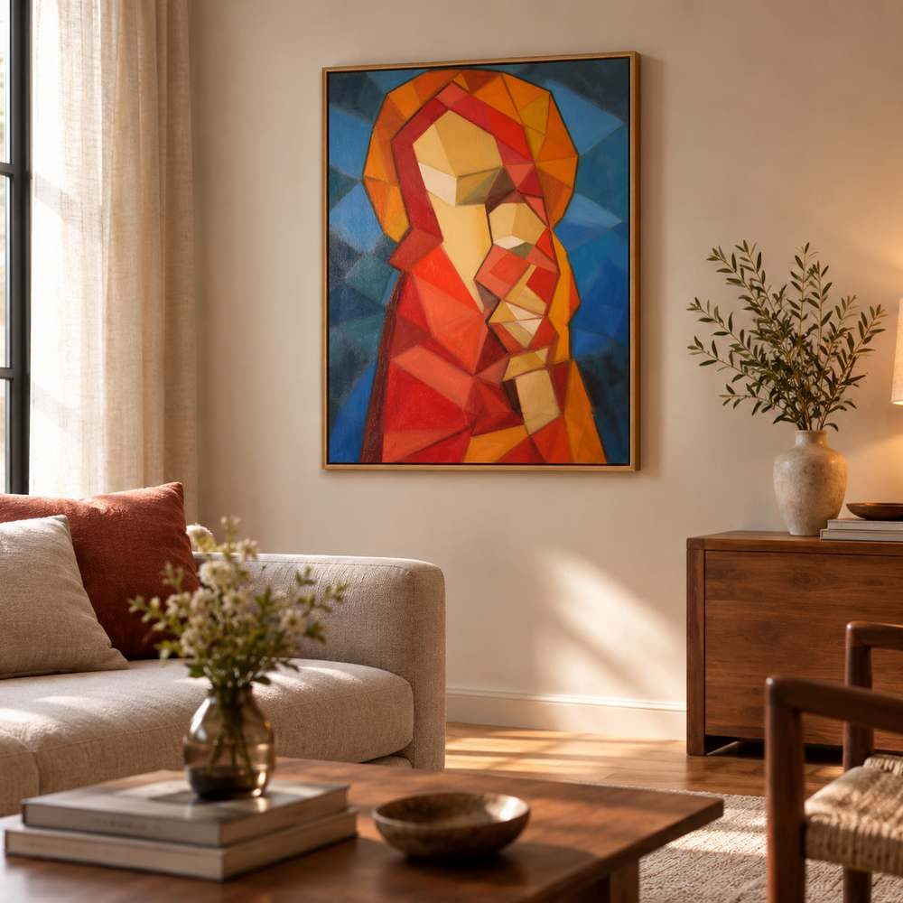 salon interieur avec tableau de vierge à l'enfant de tons rouges