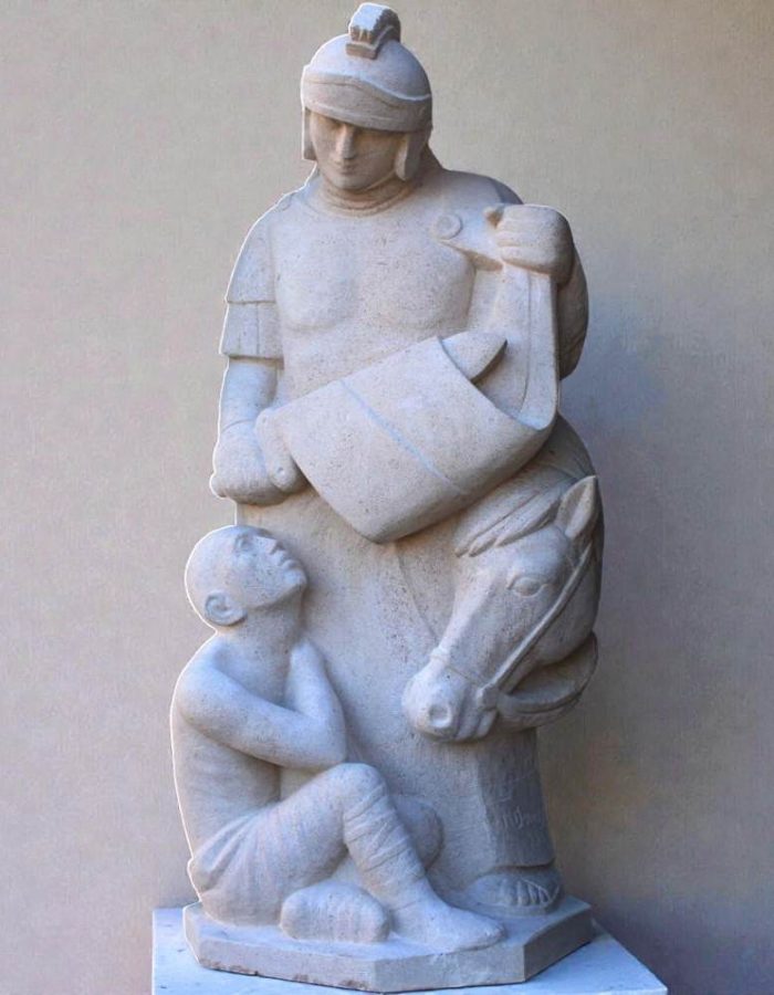 statue de saint Martin en pierre partageant son manteau