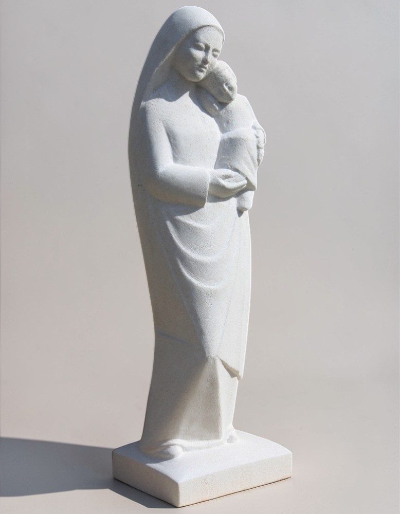 statue de vierge à l'enfant de tendresse en pierre