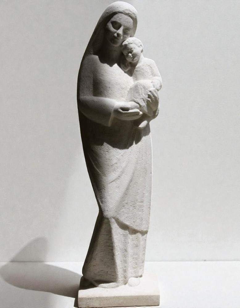 statue de vierge à l'enfant de tendresse en pierre