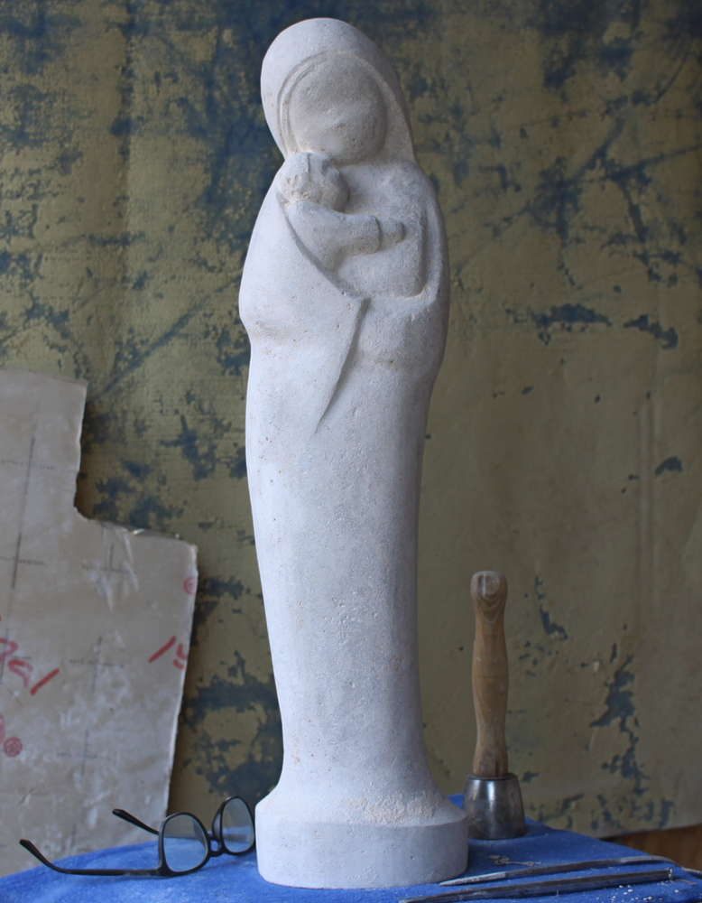 vierge à l'enfant en pierre veritable martin damay